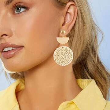 Rattan Earrings Lightweight Geometric Rattan Dangle Earrings Woven Bohemian Earrings Summer Beach Earrings for Women (A:Rattan Earrings)