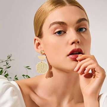 Rattan Earrings Lightweight Geometric Rattan Dangle Earrings Woven Bohemian Earrings Summer Beach Earrings for Women (A:Rattan Earrings)