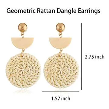 Rattan Earrings Lightweight Geometric Rattan Dangle Earrings Woven Bohemian Earrings Summer Beach Earrings for Women (A:Rattan Earrings)