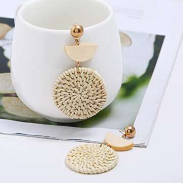 Rattan Earrings Lightweight Geometric Rattan Dangle Earrings Woven Bohemian Earrings Summer Beach Earrings for Women (A:Rattan Earrings)