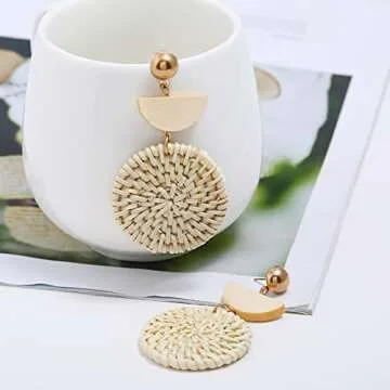 Rattan Earrings Lightweight Geometric Rattan Dangle Earrings Woven Bohemian Earrings Summer Beach Earrings for Women (A:Rattan Earrings)