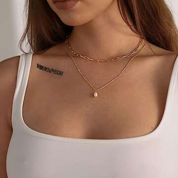 CAROVO Dainty Pearl Necklaces for Women 14k Gold Plated Layered Necklace Papercilp Tiny Pearl Handma...