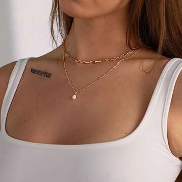 CAROVO Dainty Pearl Necklaces for Women 14k Gold Plated Layered Necklace Papercilp Tiny Pearl Handmade Cultured Freshwater Pearl Necklace Everyday Jewelry for Gifts