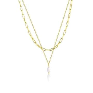 CAROVO Dainty Pearl Necklaces for Women 14k Gold Plated Layered Necklace Papercilp Tiny Pearl Handmade Cultured Freshwater Pearl Necklace Everyday Jewelry for Gifts