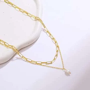 CAROVO Dainty Pearl Necklaces for Women 14k Gold Plated Layered Necklace Papercilp Tiny Pearl Handmade Cultured Freshwater Pearl Necklace Everyday Jewelry for Gifts