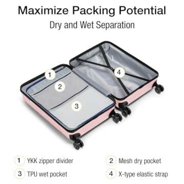 KYME Pink Hardside Carry On Luggage 22x14x9 Airline Approved for Women,22 Inch Hard Shell Suitcase with Double Spinner Wheels TSA Lock,Travel Rolling Luggage with Cup Holder