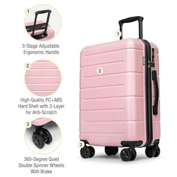 KYME Pink Hardside Carry On Luggage 22x14x9 Airline Approved for Women,22 Inch Hard Shell Suitcase with Double Spinner Wheels TSA Lock,Travel Rolling Luggage with Cup Holder