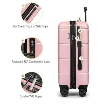 KYME Pink Hardside Carry On Luggage 22x14x9 Airline Approved for Women,22 Inch Hard Shell Suitcase with Double Spinner Wheels TSA Lock,Travel Rolling Luggage with Cup Holder
