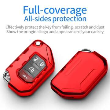 Autophone Compatible with Jeep Key Fob Cover With Leather Keychain Soft TPU Protection Key Case for 2018-2024 Wrangler JL JLU Rubicon Wagoneer Gladiator JT Sahara JLU Remote Key (Red)