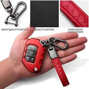 Autophone Compatible with Jeep Key Fob Cover With Leather Keychain Soft TPU Protection Key Case for 2018-2024 Wrangler JL JLU Rubicon Wagoneer Gladiator JT Sahara JLU Remote Key (Red)