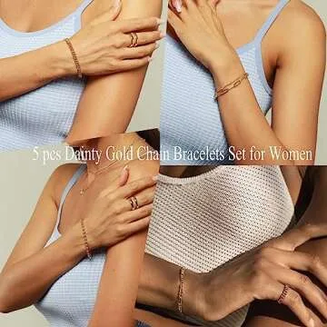 Gokeey Reoxvo Dainty 14K Real Gold Plated Bracelets Set for Women Gold Stackable Chain Link Layered Bracelet for Women Trendy Gold Jewelry 5pcs (Style 02)