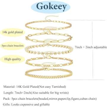 Gokeey Reoxvo Dainty 14K Real Gold Plated Bracelets Set for Women Gold Stackable Chain Link Layered Bracelet for Women Trendy Gold Jewelry 5pcs (Style 02)