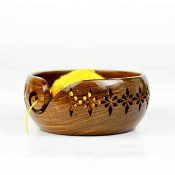 Nagina International Rosewood Crafted Wooden Yarn Storage Bowl With Carved Holes & Drills | Knitting...