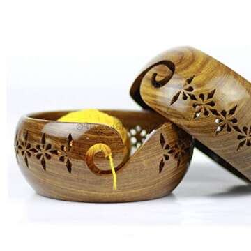 Nagina International Rosewood Crafted Wooden Yarn Storage Bowl With Carved Holes & Drills | Knitting Crochet Accessories (Small)