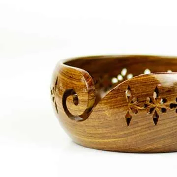 Nagina International Rosewood Crafted Wooden Yarn Storage Bowl With Carved Holes & Drills | Knitting Crochet Accessories (Small)