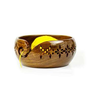 Nagina International Rosewood Crafted Wooden Yarn Storage Bowl With Carved Holes & Drills | Knitting Crochet Accessories (Small)