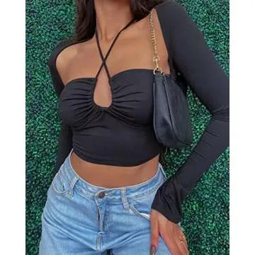 KERPELLY Women's Sexy Halter Criss Cross Tie Up Crop Top Basic Long Sleeve Cut Out T Shirt,Black,S