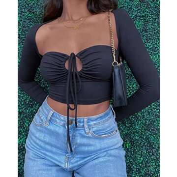 KERPELLY Women's Sexy Halter Criss Cross Tie Up Crop Top Basic Long Sleeve Cut Out T Shirt,Black,S
