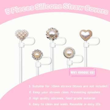 5PCS Shiny Covers Cap for Stanley Cup 30&40oz with Tumblers with 2PCS Silicone Boots, 10mm 0.4in Imitation Pearls Design White Straw Toppers and Bottles Bottom Anti-Slip Sleeve Accessories for Stanley