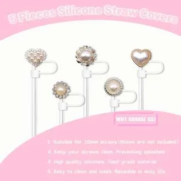 5PCS Shiny Covers Cap for Stanley Cup 30&40oz with Tumblers with 2PCS Silicone Boots, 10mm 0.4in Imitation Pearls Design White Straw Toppers and Bottles Bottom Anti-Slip Sleeve Accessories for Stanley