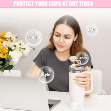 5PCS Shiny Covers Cap for Stanley Cup 30&40oz with Tumblers with 2PCS Silicone Boots, 10mm 0.4in Imitation Pearls Design White Straw Toppers and Bottles Bottom Anti-Slip Sleeve Accessories for Stanley
