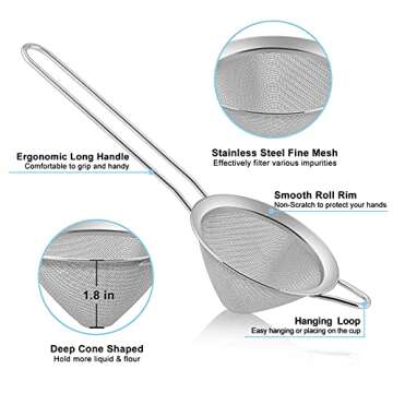 TeamFar Fine Mesh Strainer, 3.3’’ Stainless Steel Tea Strainer Bar Strainer Small Conical Cone Mesh Straine for Cocktail Coffee Juice, Healthy & Easy Clean, Long Handle & Hanging Loop, Silver