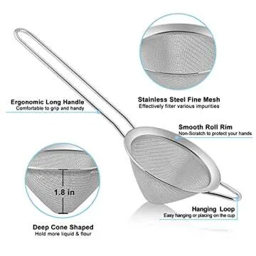 TeamFar Fine Mesh Strainer, 3.3’’ Stainless Steel Tea Strainer Bar Strainer Small Conical Cone Mesh Straine for Cocktail Coffee Juice, Healthy & Easy Clean, Long Handle & Hanging Loop, Silver