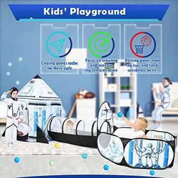 Senodeer Rocket Ship Kids Play Tent: 3Pcs Toddlers Pop Up Ball Pit and Play Tunnel for Indoor Outdoor, Spaceship Baby Playhouse Toys for 1-3 Year Old Boys Girls (3 in 1 Kids Tent)