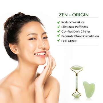 Jade Roller and Gua Sha Set, 100% Natural Jade Stone Face Roller, Anti-Wrinkle Anti-Aging Skin Care Tool, Facial Roller, Facial Massager for Skin Firming, Natural Glow, and Stress Relief