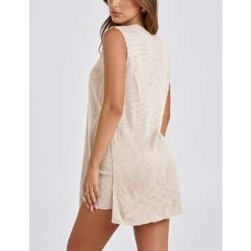 SeekMe Womens Summer Knit Sweater Set Sleeveless Tunic Top Matching Shorts 2 Piece Outfits Trendy Beach Vacation Set(1887-Beige-M-FY)