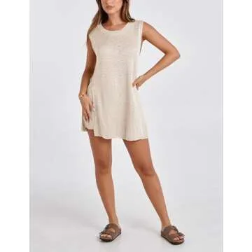 SeekMe Womens Summer Knit Sweater Set Sleeveless Tunic Top Matching Shorts 2 Piece Outfits Trendy Beach Vacation Set(1887-Beige-M-FY)