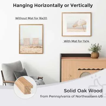 Axeman 16x20 Picture Frame with Mat for 11x14, Solid Oak Wood Poster Frame with Tempered Glass for Home Decor, Wooden 16x20inch Photo Frame for Art Photo and Prints, Wall Hook Included, Natural