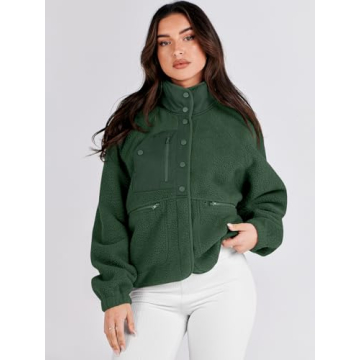 ANRABESS Womens Fuzzy Fleece Jacket Fall Casual Long Sleeve Cropped Sherpa Button Down Shacket Coats Outwear With Pockets Green Medium