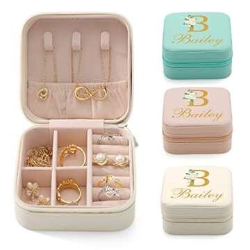 Misstrend Personalized Jewelry Box with Name Initial and Flower Custom Portable Jewelry Box Travel O...