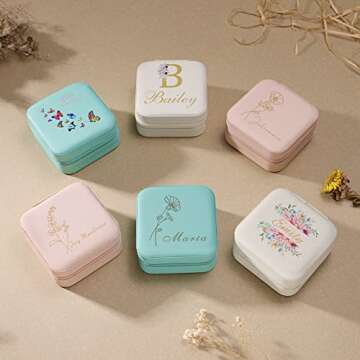Misstrend Personalized Jewelry Box with Name Initial and Flower Custom Portable Jewelry Box Travel Organizer Box Customized Birthday/Wedding/Bridesmaid Gifts for Women Girl