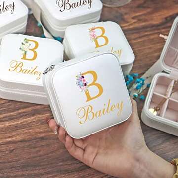 Misstrend Personalized Jewelry Box with Name Initial and Flower Custom Portable Jewelry Box Travel Organizer Box Customized Birthday/Wedding/Bridesmaid Gifts for Women Girl