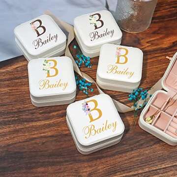 Misstrend Personalized Jewelry Box with Name Initial and Flower Custom Portable Jewelry Box Travel Organizer Box Customized Birthday/Wedding/Bridesmaid Gifts for Women Girl