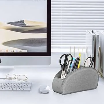 Remote Control Holder with 5 Compartments, KENOBEE Anti-slip Desktop Caddy Storage Organizer for Remote Controllers, Office Supplies, Makeup Brush, Media Accessories, Denim Gray
