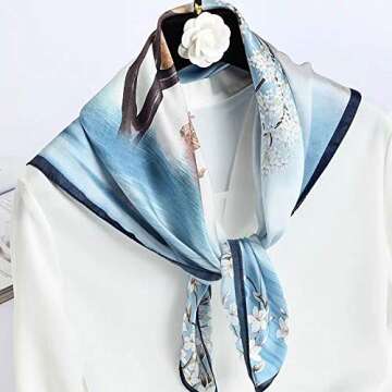 ANDANTINO 100% Pure Mulberry Silk Scarf 35" Large Square Lightweight Headscarf –Women’s Breathable Hair Scarves and Wraps (Flower& Tree)