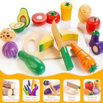 Wooden Play Food Set for Kids Kitchen | Velcro Chopping Veggies & Fruits Toy Food Set with Storage C...