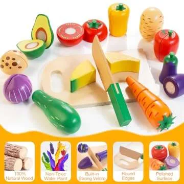Wooden Play Food Set for Kids Kitchen | Velcro Chopping Veggies & Fruits Toy Food Set with Storage C...