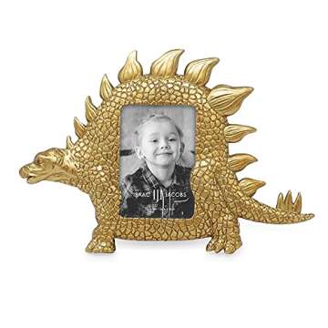 Isaac Jacobs 2” x 3” Resin Dinosaur Picture Frame, Vertical Keepsake Photo Frame with Easel and Hanging Tabs for Tabletop, Desktop & Wall Display (Stegosaurus, Gold)