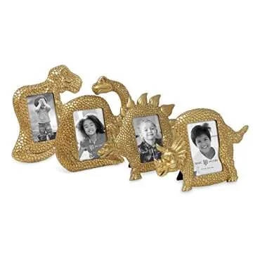 Isaac Jacobs 2” x 3” Resin Dinosaur Picture Frame, Vertical Keepsake Photo Frame with Easel and Hanging Tabs for Tabletop, Desktop & Wall Display (Stegosaurus, Gold)