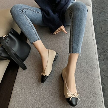 SHODENSE Women Cap Toe Bow Flats Two Tone Slip On Ballet Flats Comfort Closed Round Toe Flats Colorblock 1 Inch Low Flat Heel Dress Shoes Cute Ladies Casual Driver Flats Matte Beige 6 M US