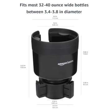 Amazon Basics Car Cup Holder Expander with Adjustable Base, Fits Large Bottles 3.4 to 3.8-Inch Diameter, Securely Holds Yeti, Hydro Flask and More, Black
