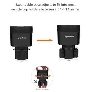 Amazon Basics Car Cup Holder Expander with Adjustable Base, Fits Large Bottles 3.4 to 3.8-Inch Diameter, Securely Holds Yeti, Hydro Flask and More, Black