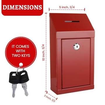 Secure Steel Collection Box with Top Slot and Lock with Keys - Wall Mountable with Pre-Drilled Holes, 10x6x2.5" Key Drop Box for Home Office (Red)