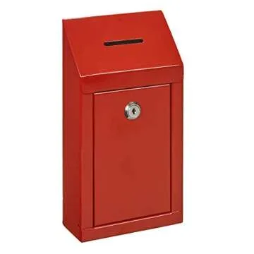 Secure Steel Collection Box with Top Slot and Lock with Keys - Wall Mountable with Pre-Drilled Holes, 10x6x2.5" Key Drop Box for Home Office (Red)