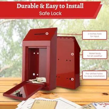 Secure Steel Collection Box with Top Slot and Lock with Keys - Wall Mountable with Pre-Drilled Holes, 10x6x2.5" Key Drop Box for Home Office (Red)