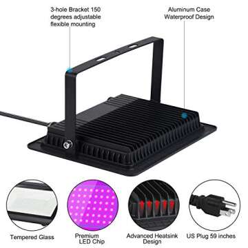 Black Lights 100W LED Black Purple Lights Flood Light with Plug(6ft Cable) for Blacklight Party, Stage Lighting, Aquarium, Body Paint, Fluorescent Poster, Neon Glow in The Dark Night